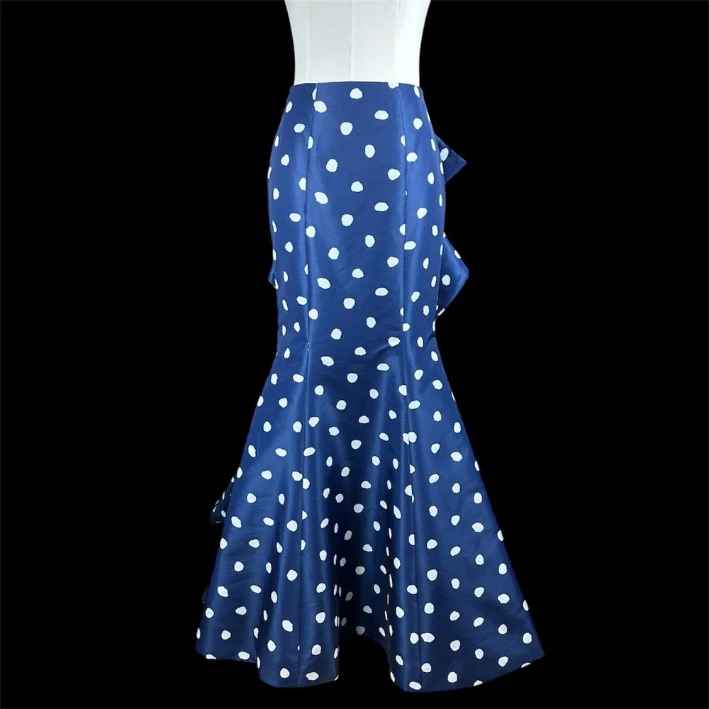 Sherri Hill Navy White Polka Dot Mermaid Skirt Ruffle‎ Bustle Back Maxi Size 0